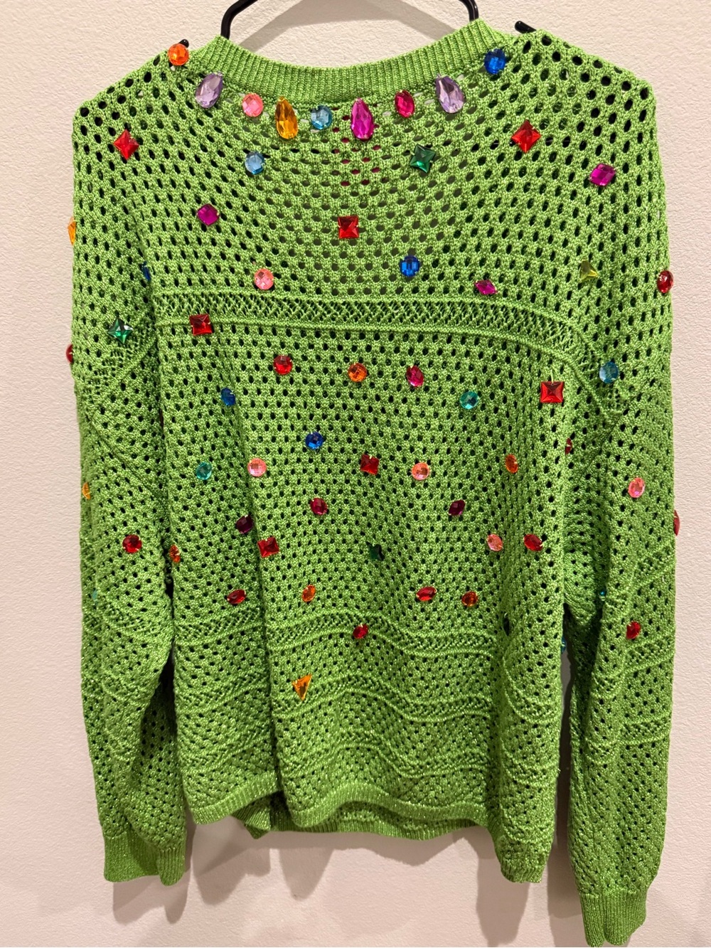 Queen of Sparkles Green Multicolor Jeweled Open-Knit Sweater XL - Picture 2 of 4